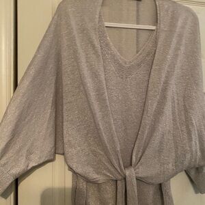 NIC+ZOE Silver Metallic V-Neck Knit Top with Tie Waist